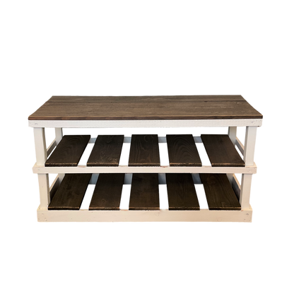 Natural solid wood furniture rustic two-tier entryway shoe rack bench with woven basket and decor.