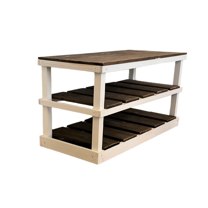 Natural solid wood furniture rustic two-tier entryway shoe rack bench with woven basket and decor.