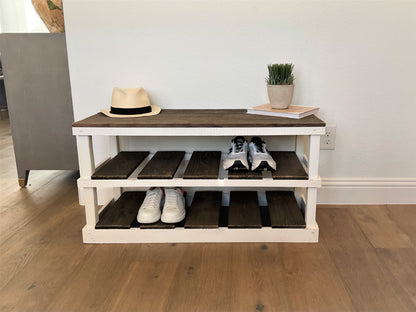 Natural solid wood furniture rustic two-tier entryway shoe rack bench with woven basket and decor.