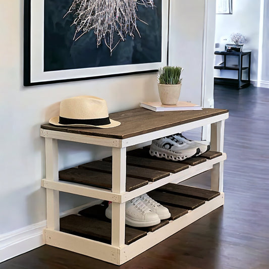 Natural solid wood furniture rustic two-tier entryway shoe rack bench with woven basket and decor.
