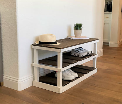 Natural solid wood furniture rustic two-tier entryway shoe rack bench with woven basket and decor.