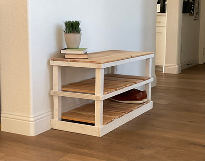 Natural solid wood furniture rustic two-tier entryway shoe rack bench with woven basket and decor.