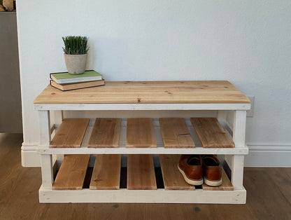 Natural solid wood furniture rustic two-tier entryway shoe rack bench with woven basket and decor.