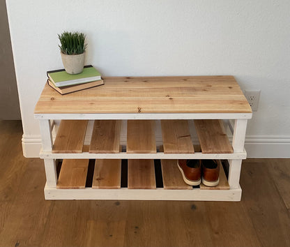 Natural solid wood furniture rustic two-tier entryway shoe rack bench with woven basket and decor.