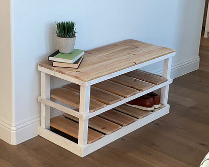 Natural solid wood furniture rustic two-tier entryway shoe rack bench with woven basket and decor.