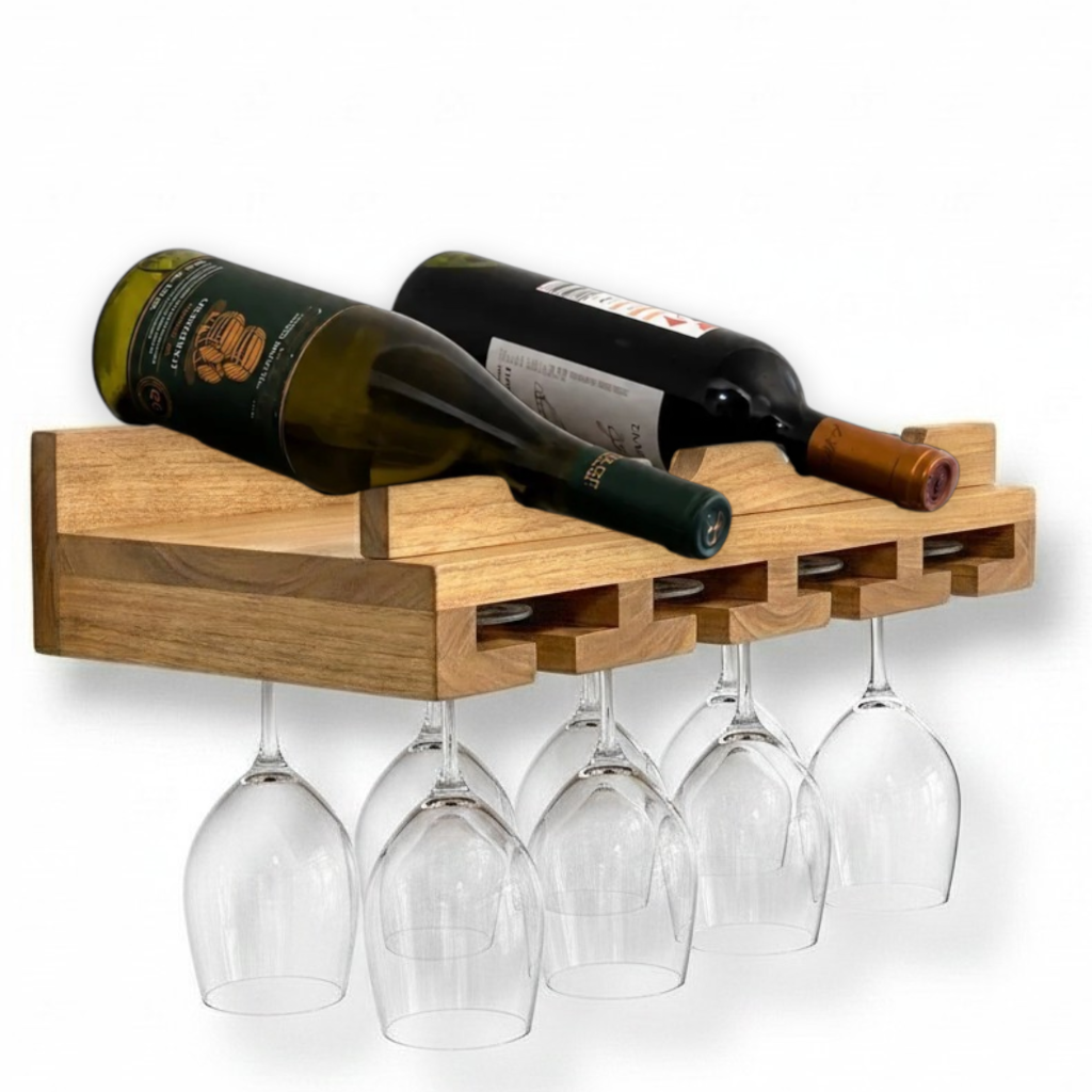 Bottle Holder + Stemware Storage Wine Rack: Cask & Timber All-in-One Wall Mounted Wine Station – Handcrafted Solid Wood