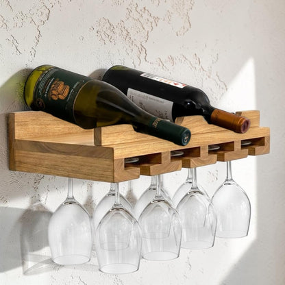 Bottle Holder + Stemware Storage Wine Rack: Cask & Timber All-in-One Wall Mounted Wine Station – Handcrafted Solid Wood