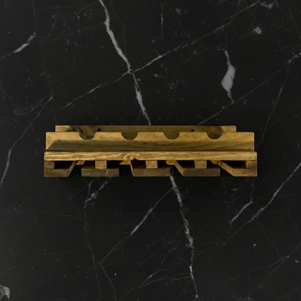 Handmade solid wood wine rack with hanging slots for stemware, modern rustic floating shelf in dark walnut.