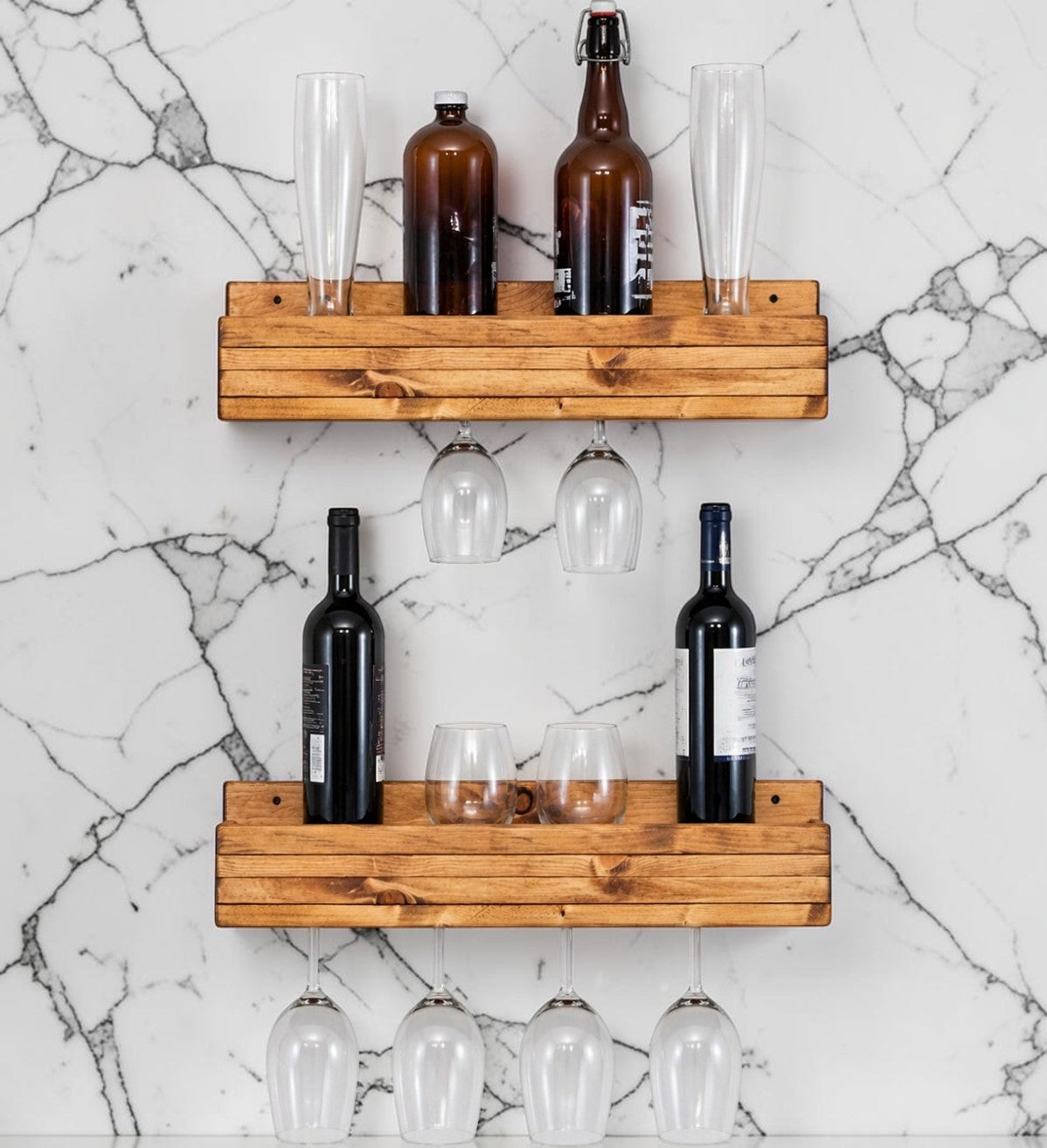 Set of 2 Wall Mounted Wine Racks with Side-Load Stemware Holder, Solid Wood Floating Shelves with Glass Storage