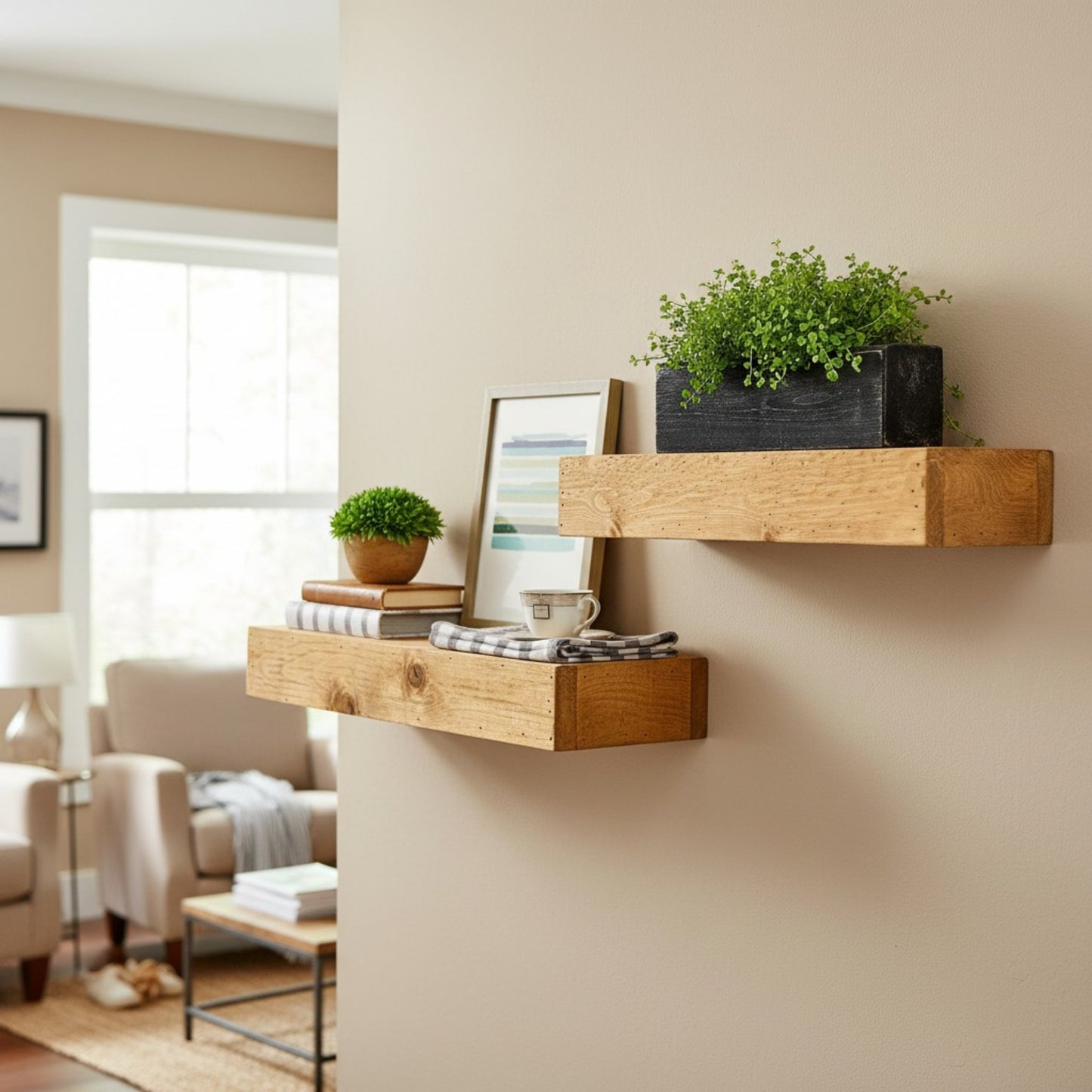 Wood Floating Box Shelves: Set of 2 Handcrafted Solid Wood Shadow Box Shelves – Farmhouse Wall Display