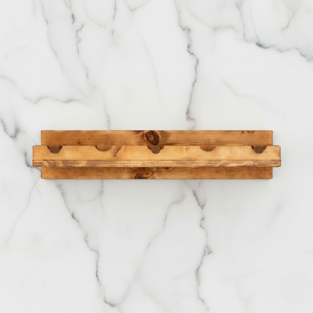 Handmade solid wood wall-mounted wine rack in dark walnut with floating shelf design, modern rustic furniture style.