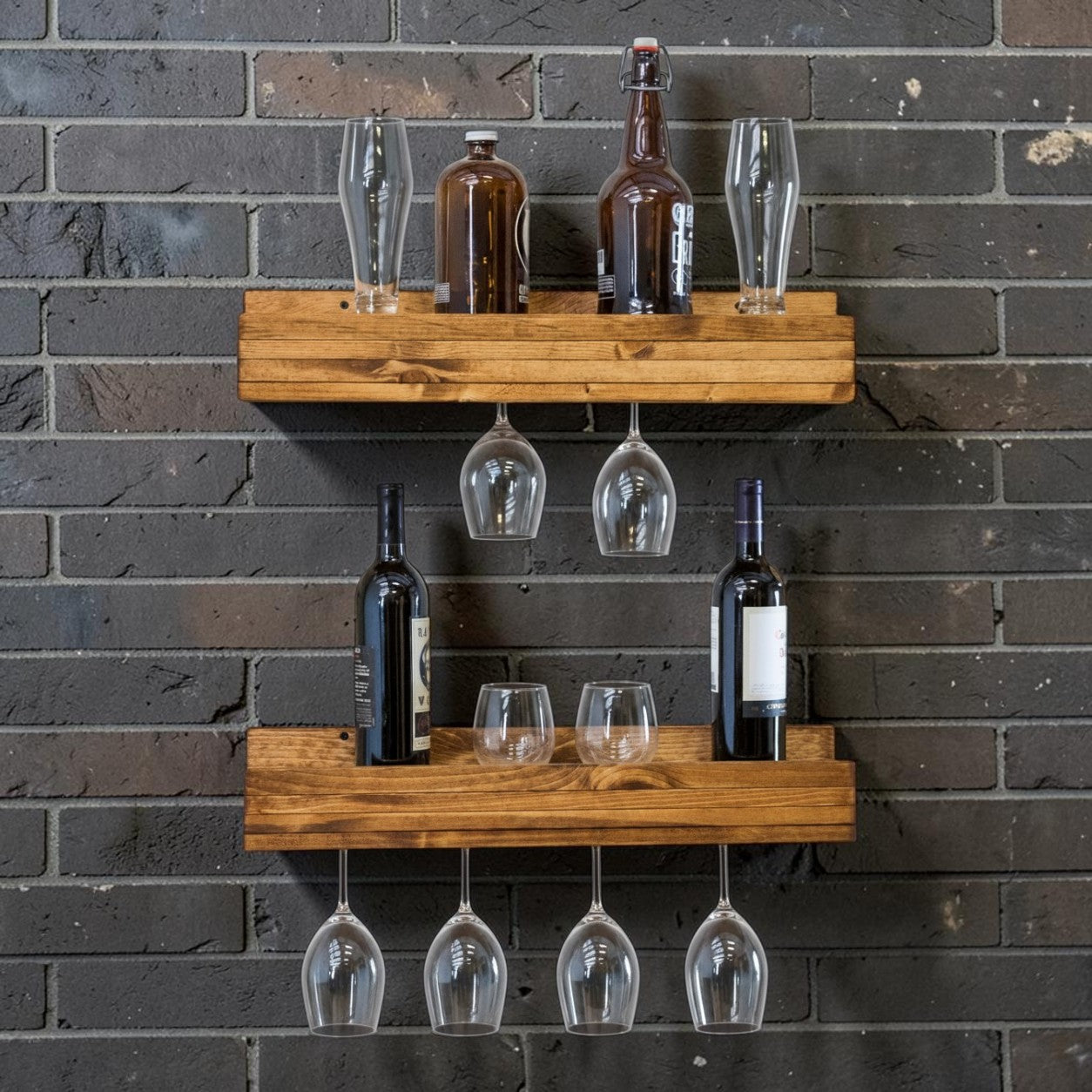Set of 2 Wall Mounted Wine Racks with Side-Load Stemware Holder, Solid Wood Floating Shelves with Glass Storage
