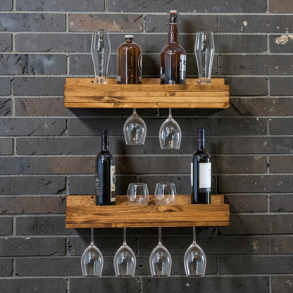 Set of 2 Wall Mounted Wine Racks with Side-Load Stemware Holder, Solid Wood Floating Shelves with Glass Storage