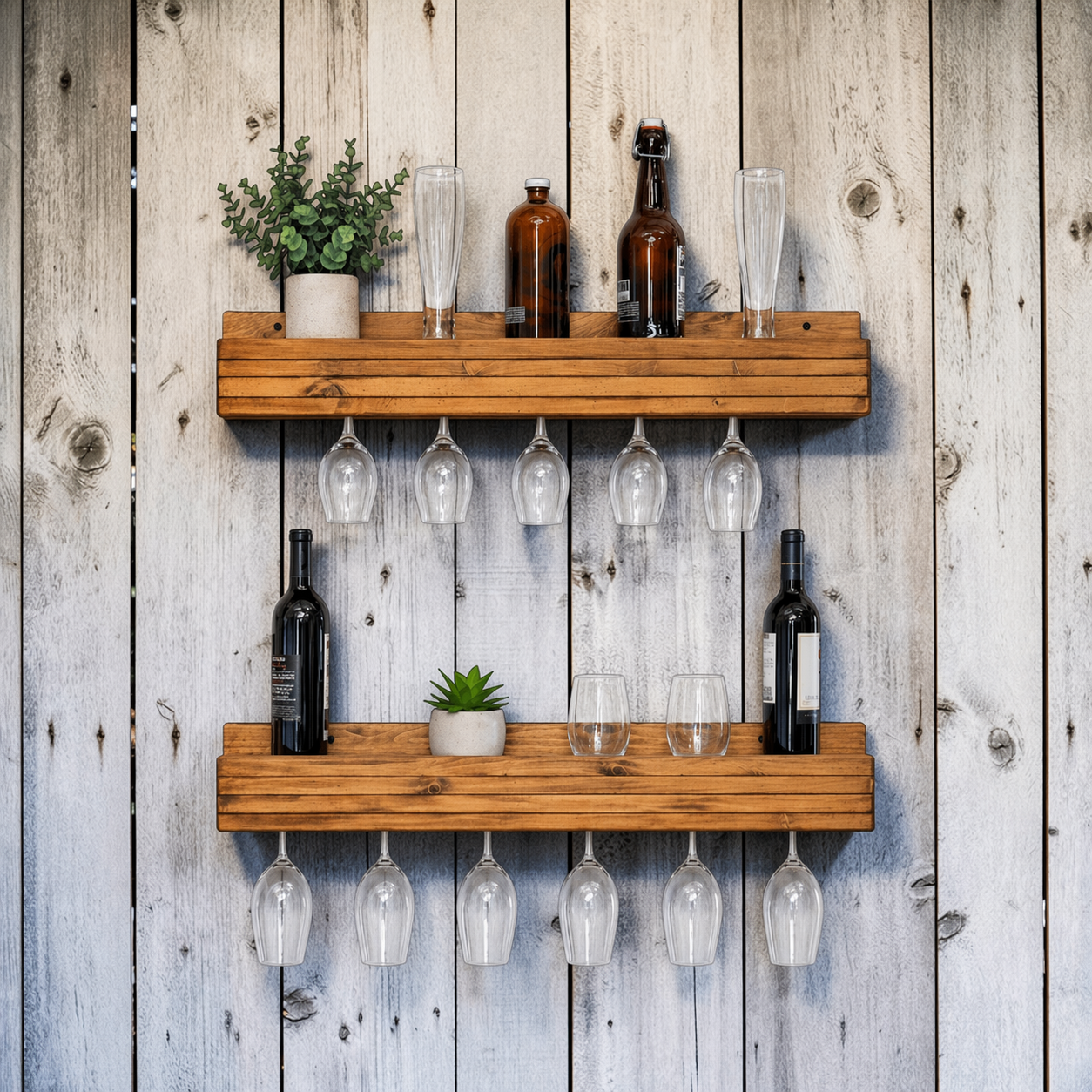 Set of 2 Wall Mounted Wine Racks with Side-Load Stemware Holder, Solid Wood Floating Shelves with Glass Storage