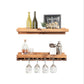 Wall mounted solid wood wine rack with stemware storage and rustic floating shelf in dark walnut finish.