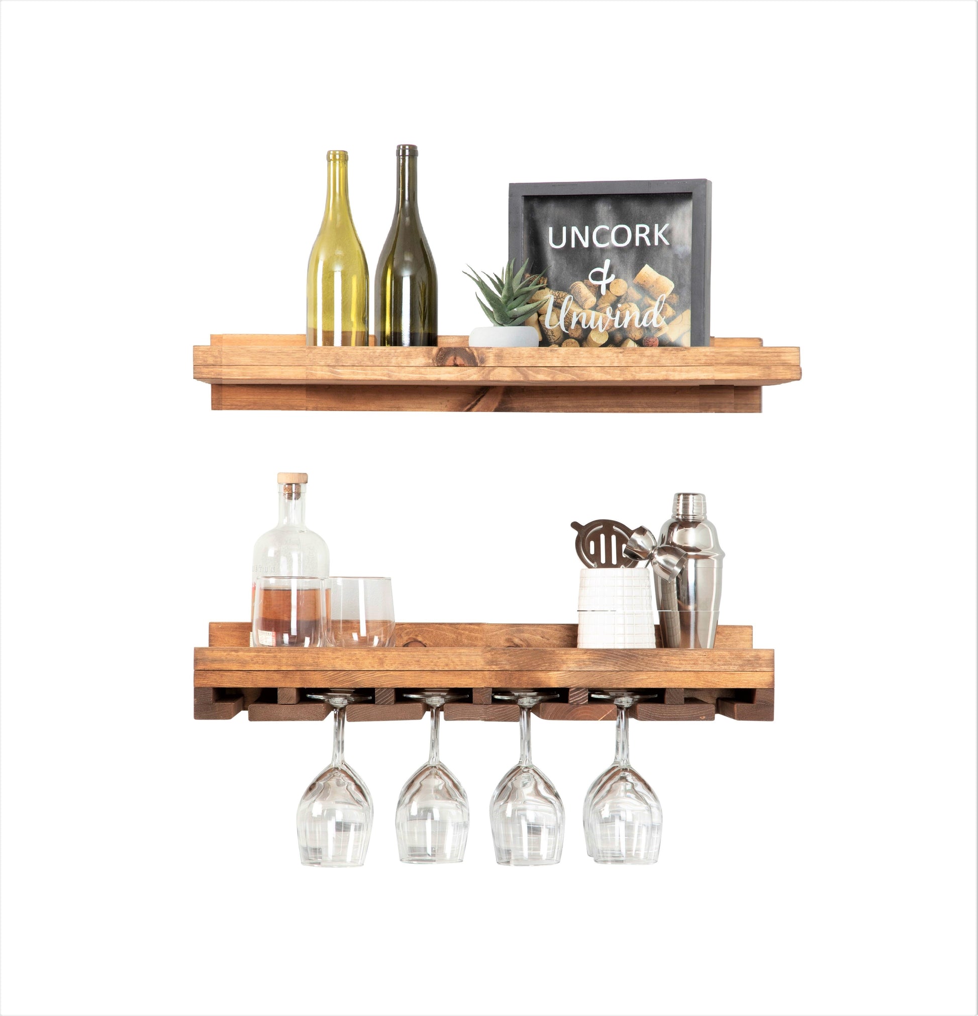 Wall mounted solid wood wine rack with stemware storage and rustic floating shelf in dark walnut finish.
