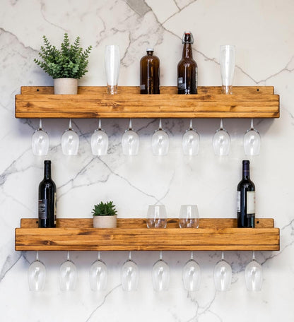 Set of 2 Wall Mounted Wine Racks with Side-Load Stemware Holder, Solid Wood Floating Shelves with Glass Storage