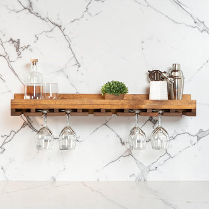 Cask & Timber Stemware Wine Glass Rack: Handcrafted Solid Wood Stemware Holder – Wall Mounted Rustic Bar Storage