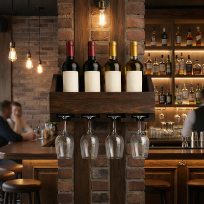 Solid wood handmade wall-mounted wine rack with floating shelf and hanging stemware holder in modern rustic style.