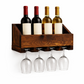 Solid wood handmade wall-mounted wine rack with floating shelf and hanging stemware holder in modern rustic style.
