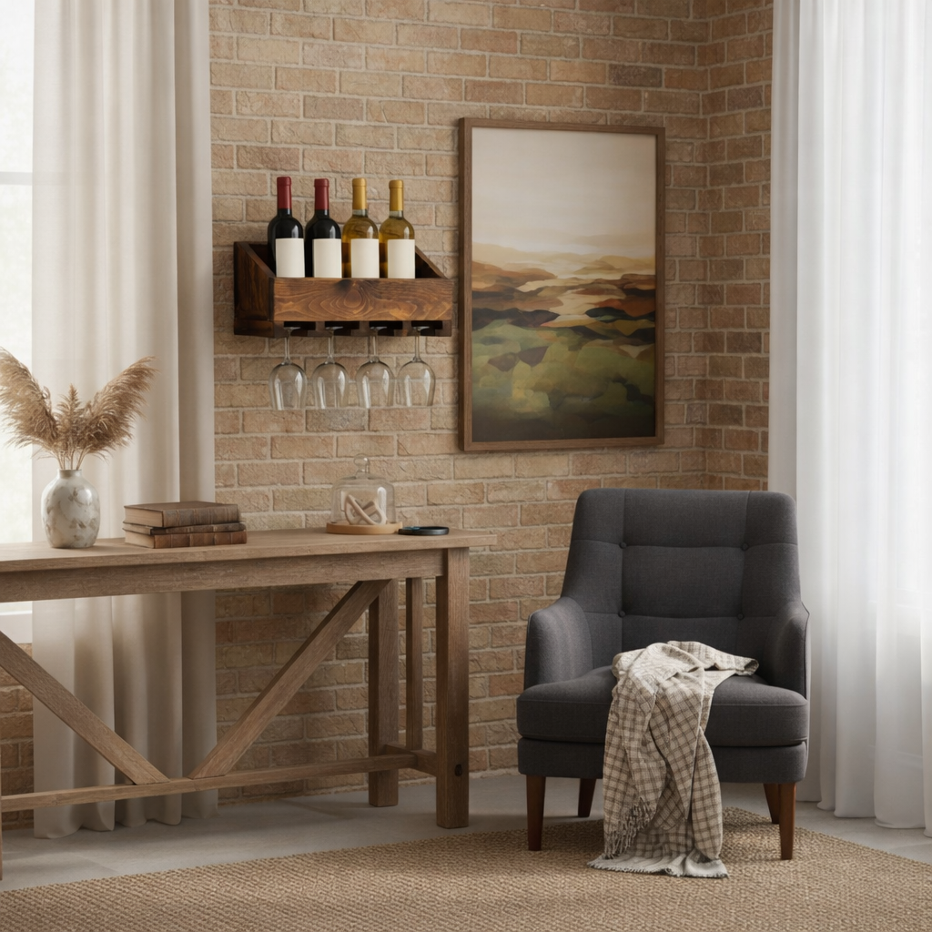 Solid wood handmade wall-mounted wine rack with floating shelf and hanging stemware holder in modern rustic style.