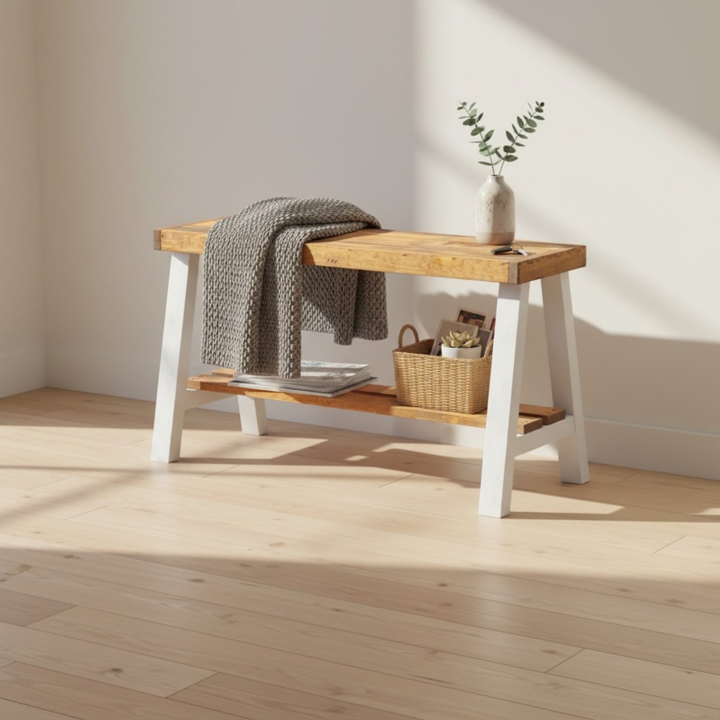 Farmhouse Olive Branch Solid Pine Wood Entry Bench: Handcrafted Rustic Entryway Seating – Solid Pine Wood Farmhouse Bench