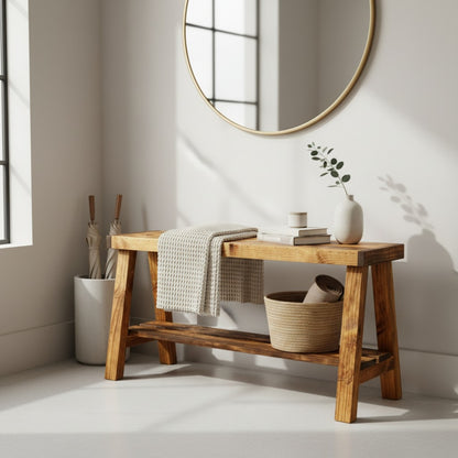 Farmhouse Olive Branch Solid Pine Wood Entry Bench: Handcrafted Rustic Entryway Seating – Solid Pine Wood Farmhouse Bench