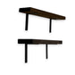 Two dark wooden shelves on a white background