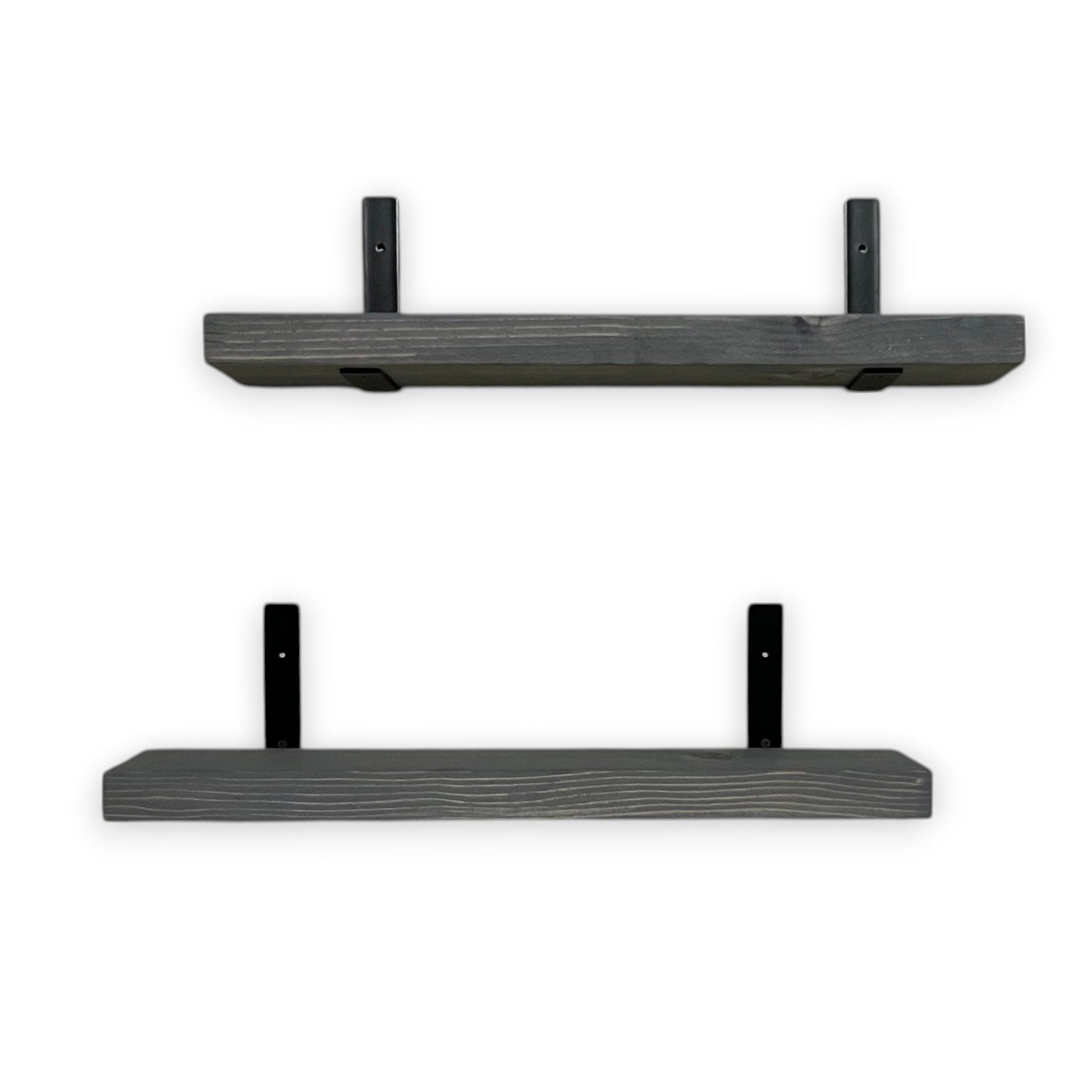 Two black wall shelves with brackets on a white background