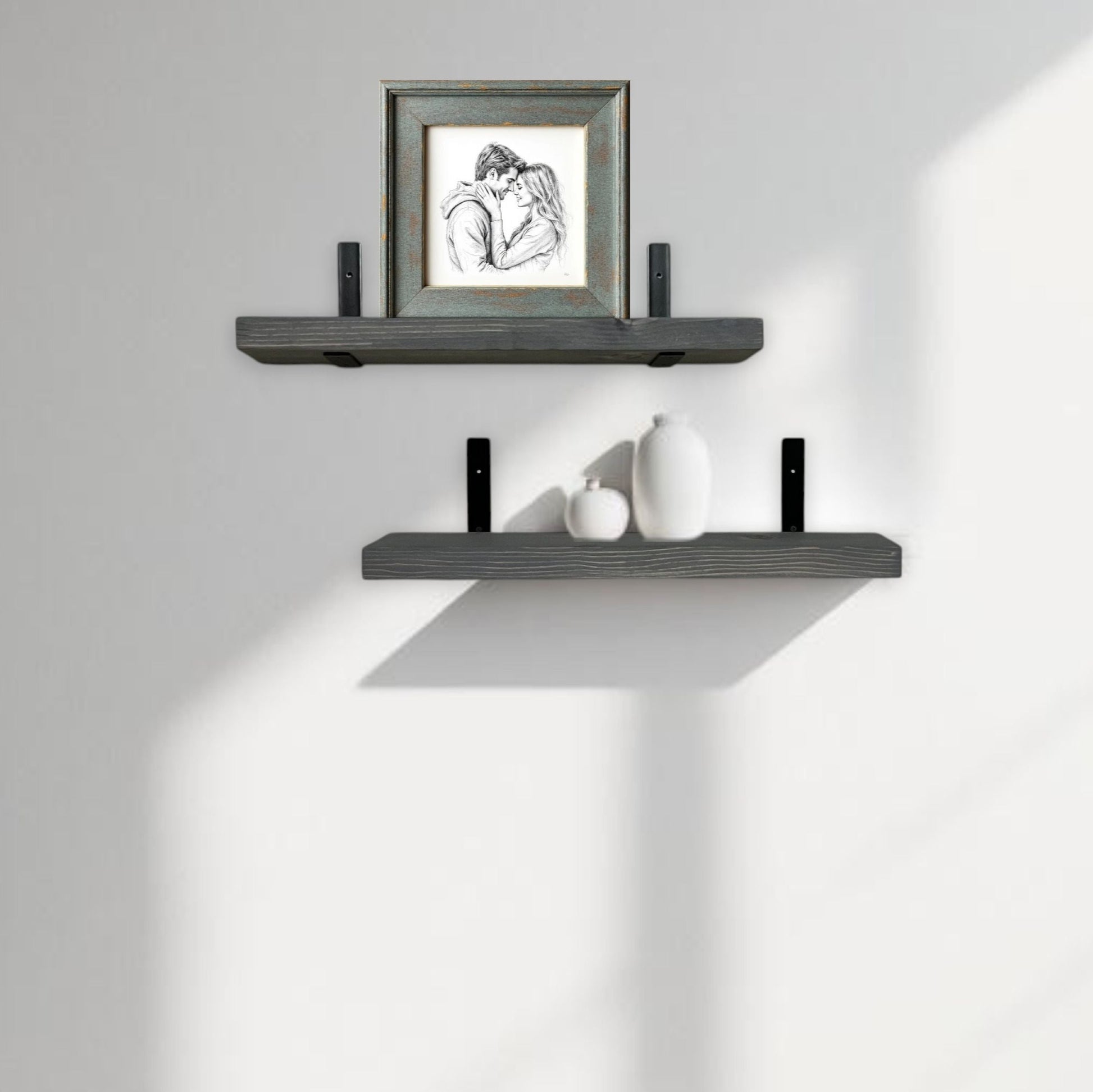 Two floating shelves with decorative items against a plain wall