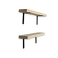 Two wooden shelves with black brackets on a white background