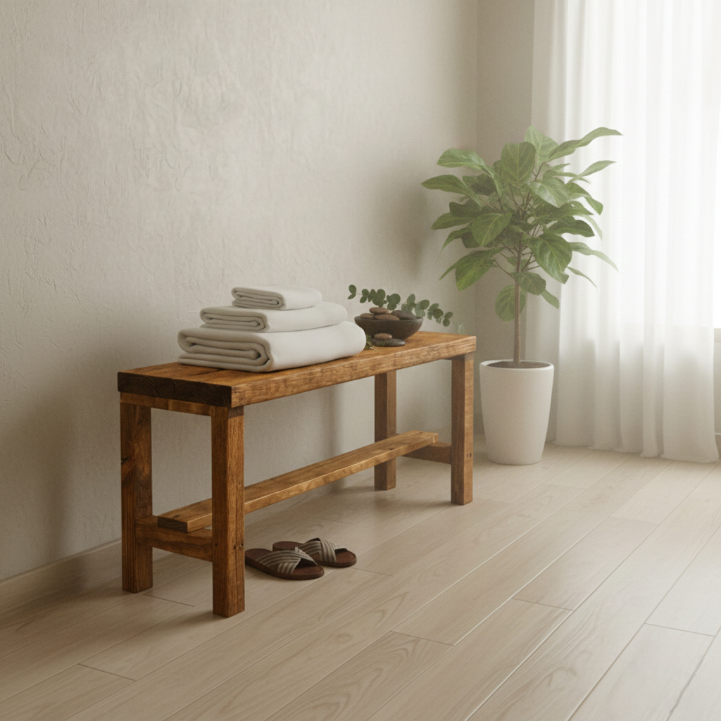 Rustic solid wood entryway bench in grey and white, handmade wood furniture with modern rustic style.