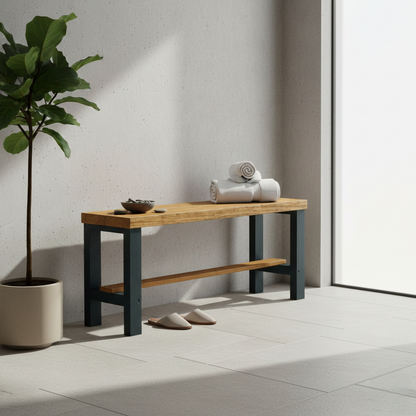 Rustic solid wood entryway bench in grey and white, handmade wood furniture with modern rustic style.