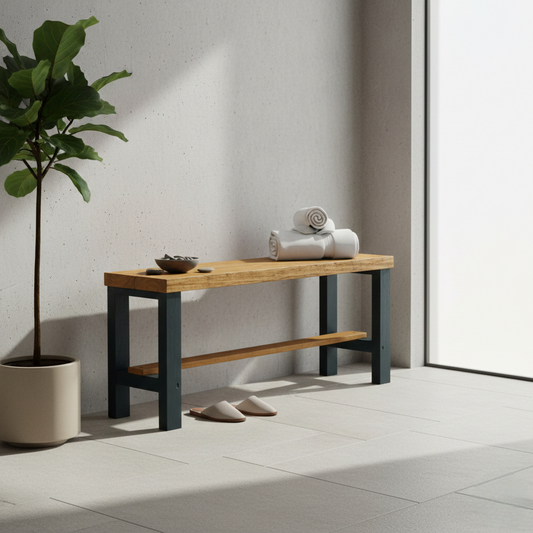 Rustic solid wood entryway bench in grey and white, handmade wood furniture with modern rustic style.