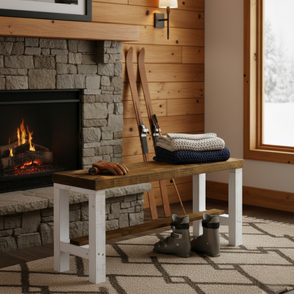Rustic solid wood entryway bench in grey and white, handmade wood furniture with modern rustic style.