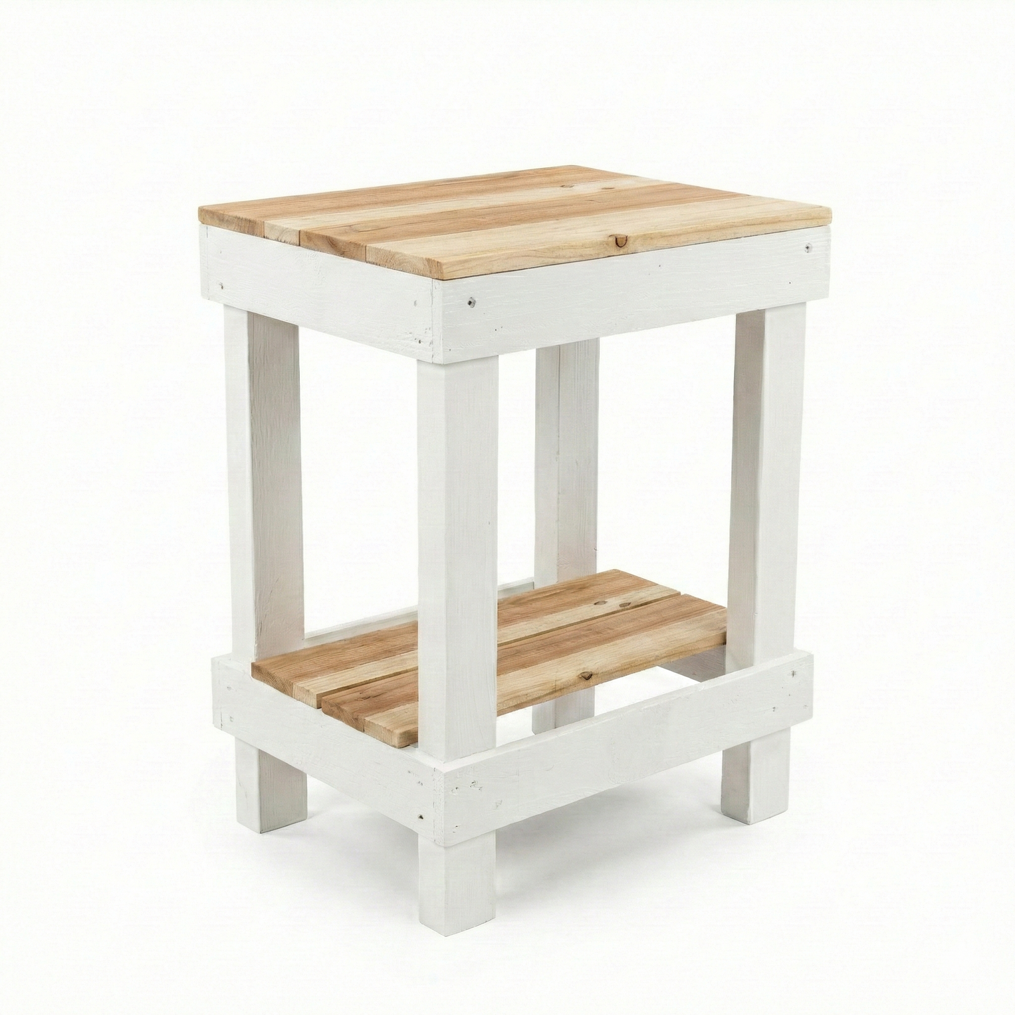 Rustic farmhouse solid wood handmade end table with open shelves and natural finish next to gray sofa.