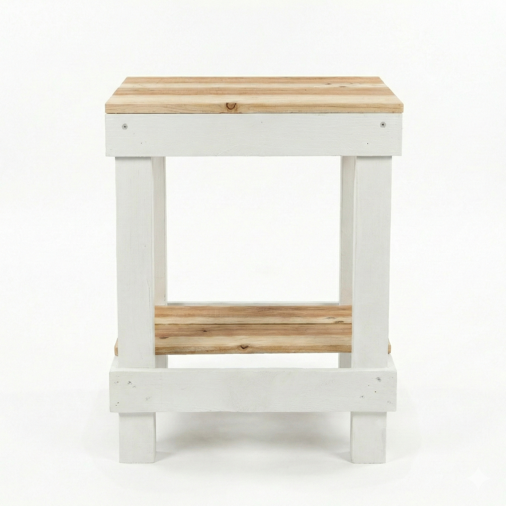 Rustic farmhouse solid wood handmade end table with open shelves and natural finish next to gray sofa.
