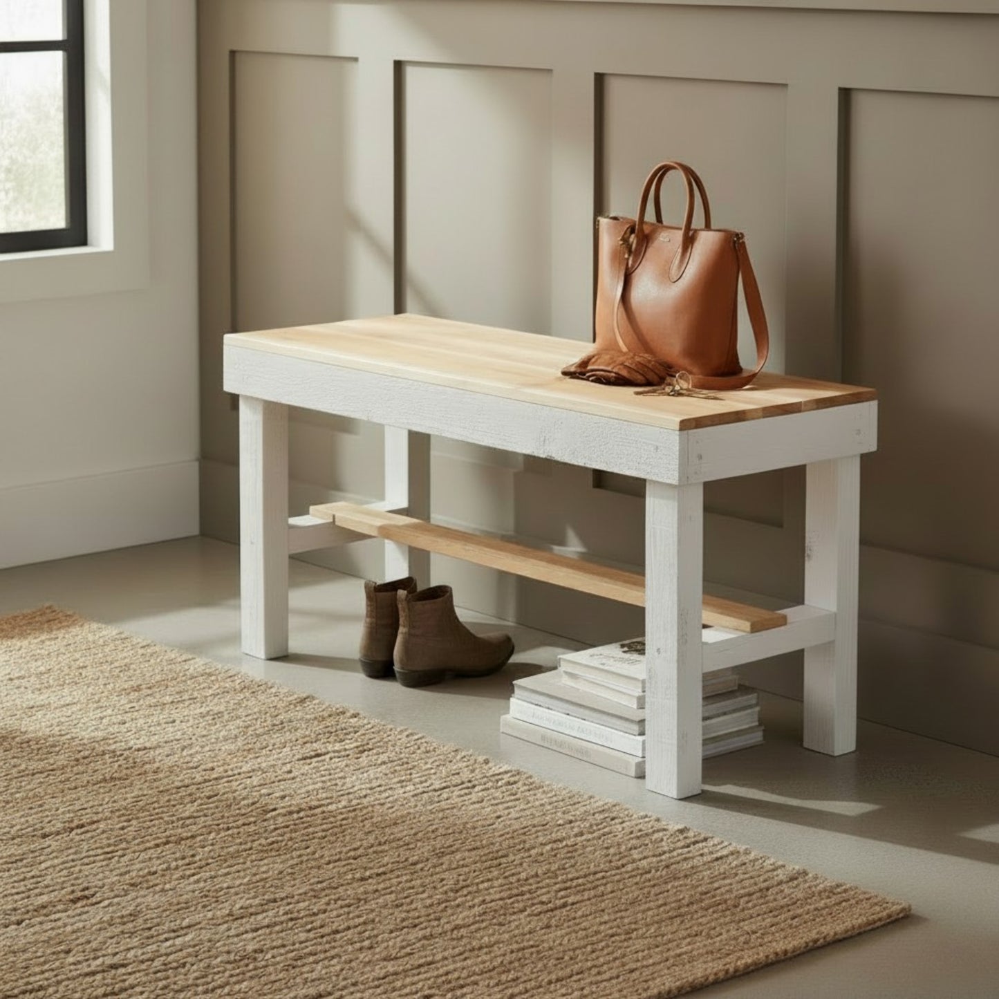 Rustic Wood Small Entryway Bench: Handcrafted Solid Wood Compact Bench – Farmhouse Mudroom Seating