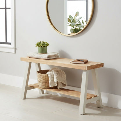 Farmhouse Olive Branch Solid Pine Wood Entry Bench: Handcrafted Rustic Entryway Seating – Solid Pine Wood Farmhouse Bench