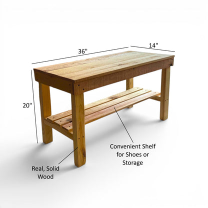 Farmhouse Rustic 1-Shelf Entryway Bench: Solid Wood Storage Bench with Shelf – Handcrafted Farmhouse Mudroom Seating
