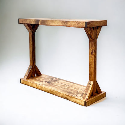 Light walnut solid wood console table with floating shelf, handmade rustic furniture.