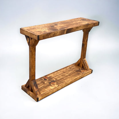 Light walnut solid wood console table with floating shelf, handmade rustic furniture.