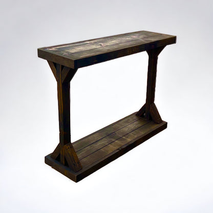 Light walnut solid wood console table with floating shelf, handmade rustic furniture.