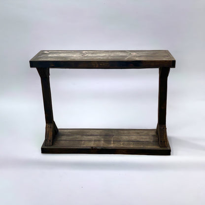 Light walnut solid wood console table with floating shelf, handmade rustic furniture.