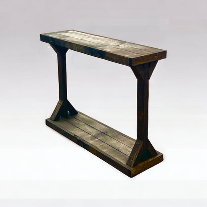 Light walnut solid wood console table with floating shelf, handmade rustic furniture.