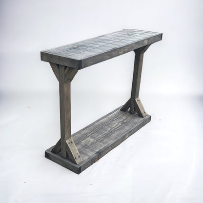 Light walnut solid wood console table with floating shelf, handmade rustic furniture.