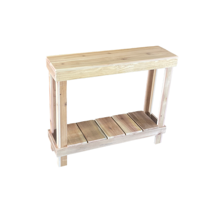 White reclaimed wood farmhouse console table with floating shelf, handmade solid wood furniture.