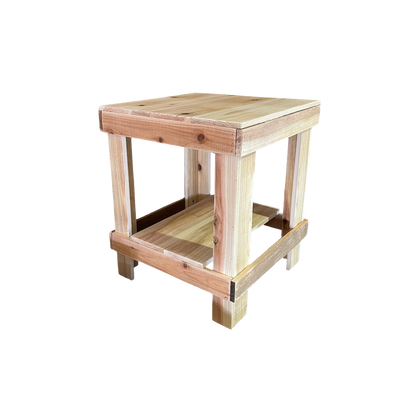 Natural solid wood handmade farmhouse end table with sturdy slatted shelf, modern rustic furniture.