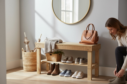 Natural cedar solid wood entryway bench with lower shelf, handmade rustic furniture.