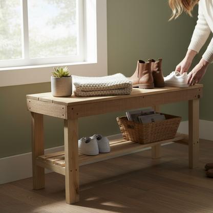 Natural cedar solid wood entryway bench with lower shelf, handmade rustic furniture.